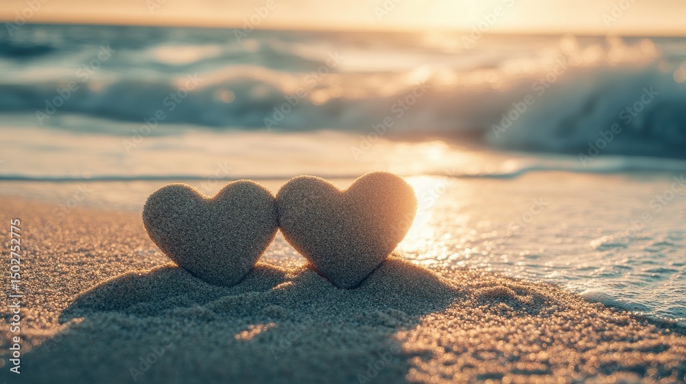 Fototapeta premium Romantic Sand Hearts Sunset Beach