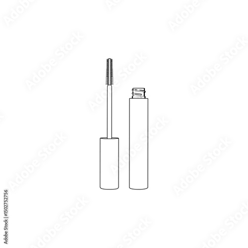 Mascara tube with wand in open position, outline icon style. Editable vector illustration, Ideal for cosmetic design, branding, and beauty mockups.	