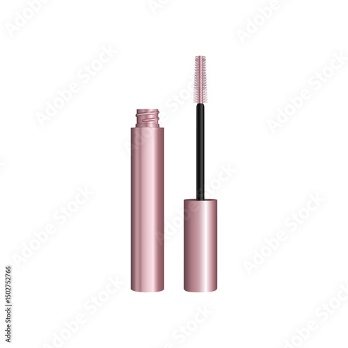 Realistic vector of rose gold mascara tube with wand in open position, displayed in outline, black fill, and detailed style. Ideal for cosmetic design, branding, and beauty mockups.	