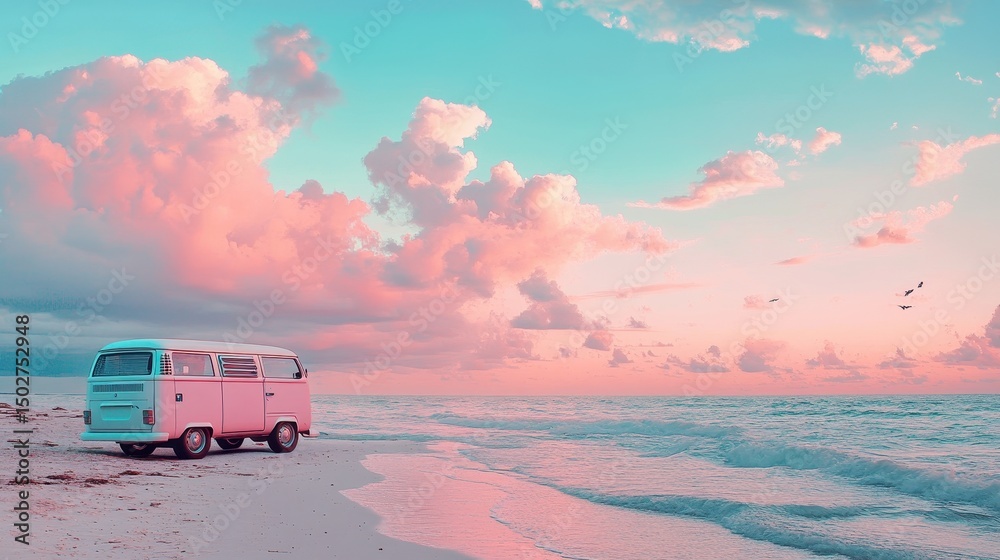 Obraz premium Pink Sunset Beach Van