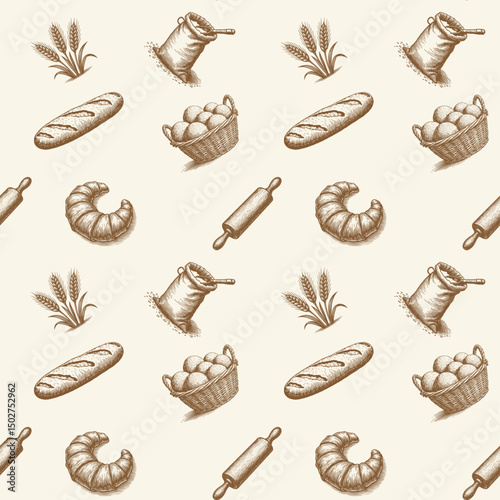 Vintage Bakery Seamless Pattern with Bread, Croissants and Flour Elements
