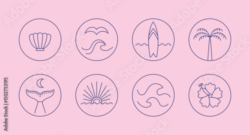 Line round travel, surfing, adventure, paradise vector badges set for logo, t hirt, merch design. Surf, paradise sign icons