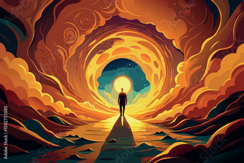 A silhouette walking towards a swirling, luminous portal, evoking mystery and adventure