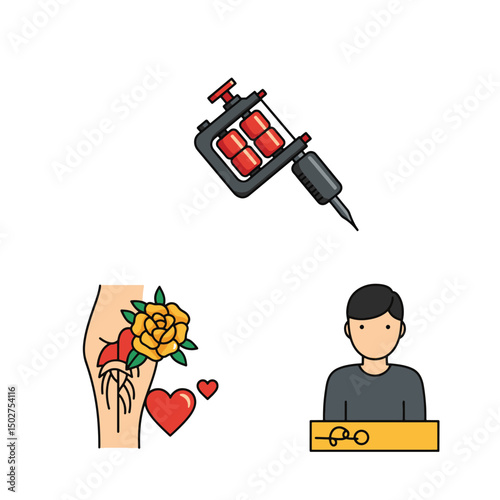Tattooing process illustrated featuring tattoo machine skin art and artist with modern flat style