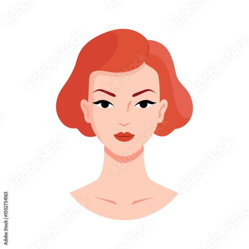 Young redhair woman with short haircut in 80s style. People avatar, portrait. Avatar of young girl for social networks, profile, beauty salon design, hairdresser. Flat vector illustration isolated