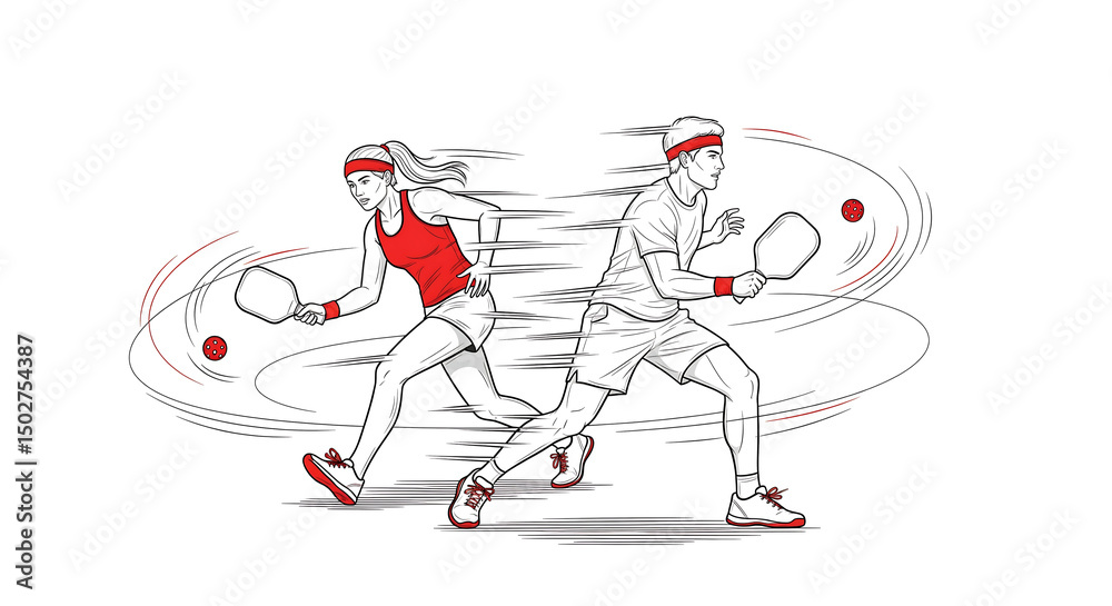 Obraz premium Dynamic black and white illustration of pickleball players in action on a white background