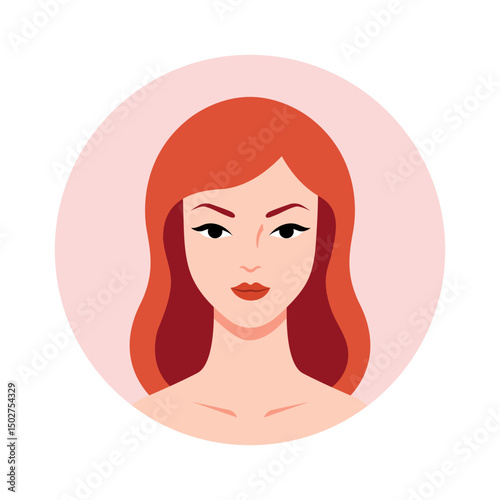 Portrait of young woman. Avatar for social network.  International Women's Day on March 8. Gender equality and women empowerment. Portrait of red-haired girl in round frame. Flat illustration
