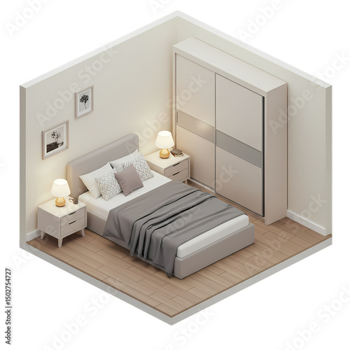 Modern Bedroom Design: 3D Isometric Rendering