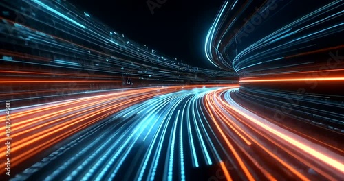 Digital data stream tunnel with glowing lines