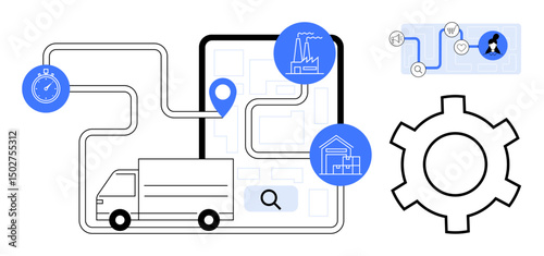Truck on a mapped route with location pin plus factory, warehouse icons, stopwatch, process diagram, and gear. Ideal for logistics, delivery, supply chain, automation optimization planning simple