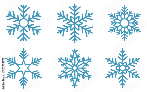 Blue snowflake icons collection isolated on white background. New year design elements, frozen symbol, Vector illustration