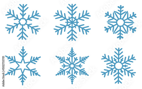 Blue snowflake icons collection isolated on white background. New year design elements, frozen symbol, Vector illustration