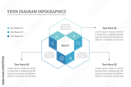 Venn diagram infographic chart template for business 3, 4, parts, options, presentation with venn diagram elements vector illustration.