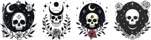 Skull and Roses Vector Set, Occult Mystical Design.