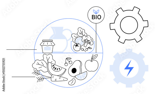 Organic fruits, vegetables, and bio products inside a circle with mechanical gears representing sustainability. Ideal for health, eco-living, renewable energy, organic farming, clean technology