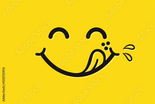 Yummy face smiley icon delicious with tongue lick mouth, tasty food eating emoticon face on yellow background, tasty emoji with saliva drops, smile vector cartoon line style