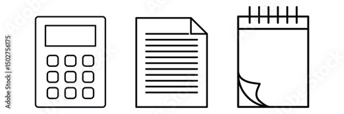 Calculator paper and notebook icon set vector illustration for school study education office tools stationary document writing and record keeping.