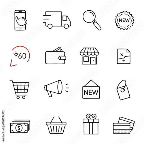 Set of shopping icons in line style. Сollection of web icons for online store, such as discounts, delivery, magnifying glass, payment, app store, coupon, shopping cart. Editable vector illustration