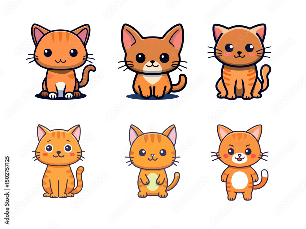 Cute Orange Cat Cartoon Vector Set – Playful Kawaii Kitty Icons in Various Poses and Expressions for Pet, Kids, and Animal-Themed Designs