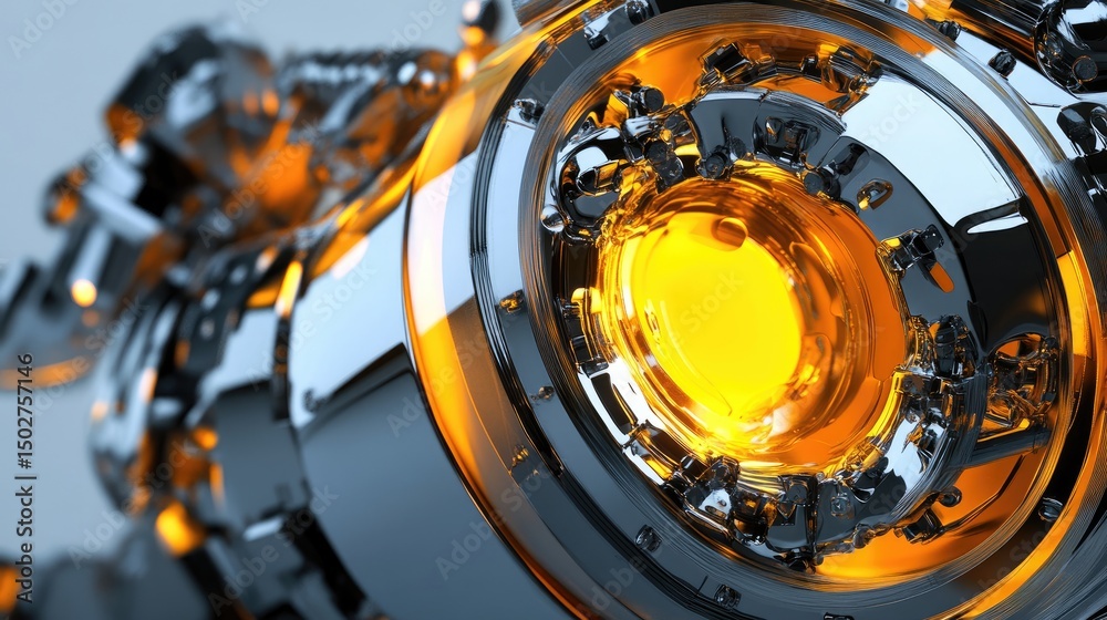 Fototapeta premium Chrome and orange glowing mechanical core detail