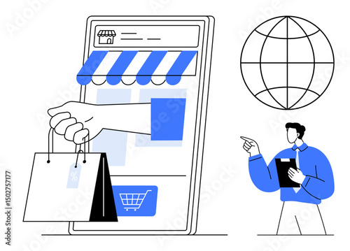 Mobile device displaying store interface and storefront awning, hand delivering shopping bags, globe for worldwide access, man with tablet explaining. Ideal for e-commerce, delivery, online shopping