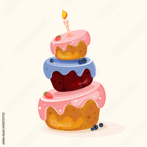 Vector Birthday Cake Illustration – Cute Three-Tier Dessert with Strawberries and Blueberries on Light Background, Perfect for Kids Party, Seasonal Celebration, Holiday Greeting Cards, and Festive Dec