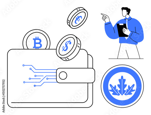 Digital wallet with cryptocurrency coins, connected circuit lines, businessman giving presentation, oak leaf badge. Ideal for finance, cryptocurrency, fintech, investment, blockchain technology