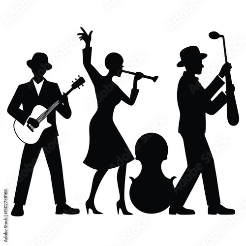 black silhouette of street musicians performing