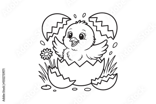 Adorable Chick Hatching from Egg – Black and White Cartoon Line Art for Kids Coloring.