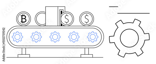 Conveyor belt transferring bitcoin and dollar coins alongside gears and a process interface. Ideal for finance, automation, cryptocurrency, technology, workflow optimization, fintech innovation