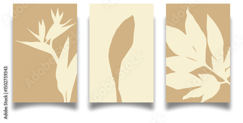 Set of vertical foliage posters with abstract tropical leaves silhouettes in beige and ivory tones for nature, floral, plant, leaf, exotic, jungle design and decoration