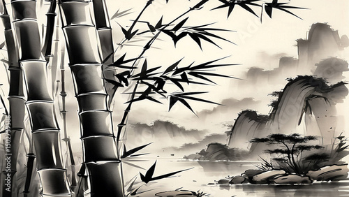 Serene bamboo forest landscape ink wash painting