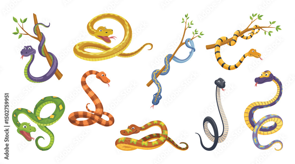 Obraz premium Set of cartoon color snake in various poses. Cute smiling animals, funny reptile of wild tropical nature. Flat vector isolated illustrations for kids design