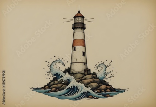 Tattoo flash sketch of a lighthouse surrounded by stormy waves, American Traditional design, limited color palette, hand-inked vintage style.