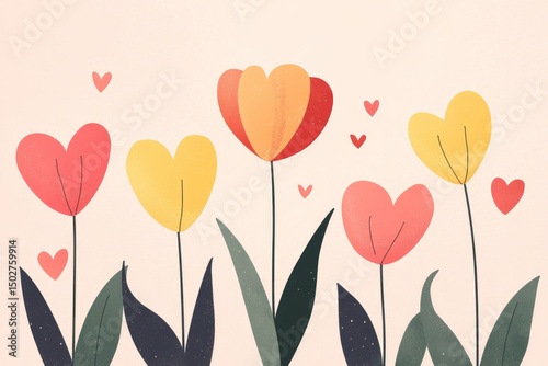 Heart-shaped tulips in pastel colors on a light background