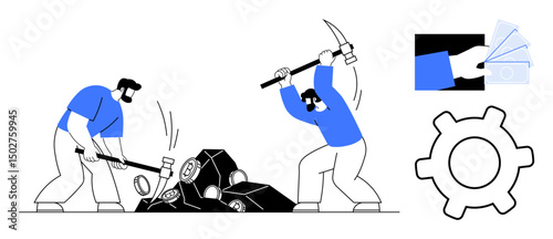 Two workers break rocks with hammer and pickaxe to reveal crystals. Complemented by money, cogwheel icons. Ideal for labor, mining, economy, teamwork, effort industry goals. Flat simple metaphor