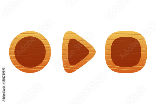 Wooden game button, menu interface made of wood textured boards with ropes and vines. ui or gui graphic design element. Isolated bar and key for app user panel, Cartoon 2d vector icon