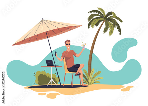 Man Freelancer in Summer on Beach under Palm Tree with cocktail and notebook. Businessman Sitting at Coast and Working with Laptop. Beach Umbrella. Summer Holiday Relax. Vector Illustration