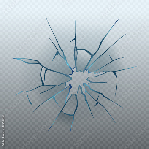 Realistic glass crack isolated on transparent background. Vector illustration of broken window, monitor display, gadget screen, car windshield, gunshot effect. Accident design element