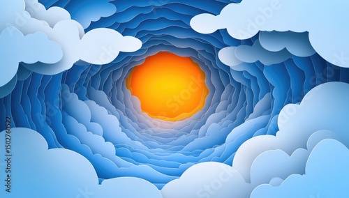 Paper-cut clouds tunnel to sun