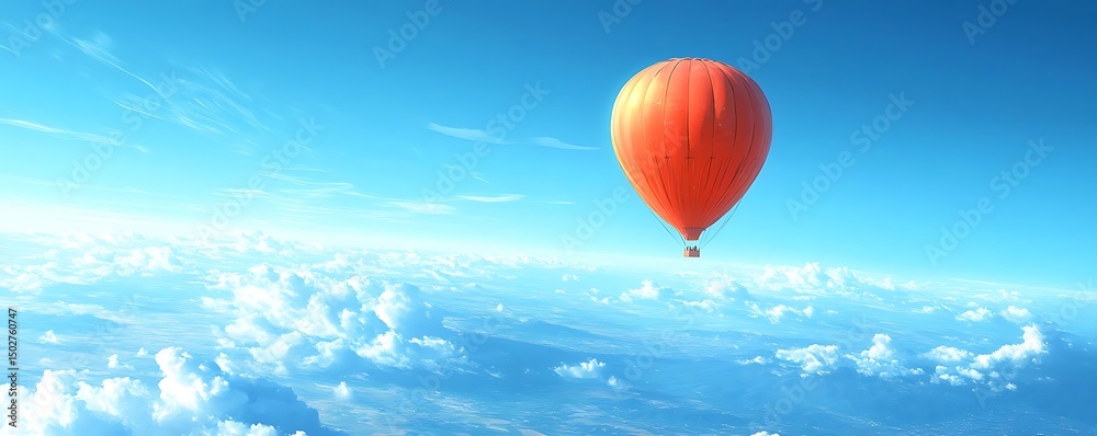 Fototapeta premium Orange hot air balloon above clouds. Travel