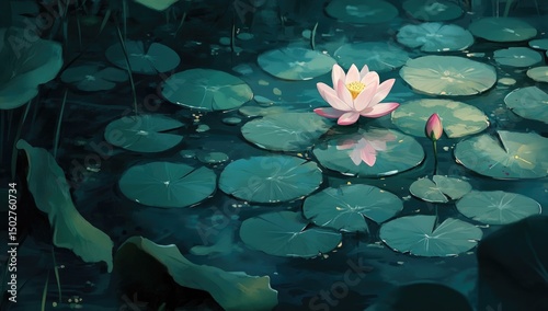Water lilies in a dark pond