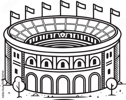 Stadium Vector Illustration, Sketch Drawing Line Linear Symbol Icon Engraving Coloring Book, Hand-drawn Black and White Isolated