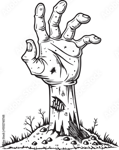 Wallpaper Mural Zombie hand, Halloween Cemetery Grave, Vector Illustration, Sketch Drawing Line Linear Symbol Icon Engraving Coloring Book, Hand-drawn Black and White Isolated Torontodigital.ca