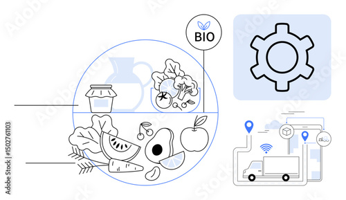 Fresh fruits, vegetables, jar, bio certification badge, delivery truck, gear icon for automation. Ideal for sustainability, logistics, organic farming food management automation supply chain
