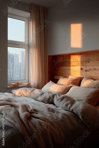 Sunlight fills a cozy bedroom with a wooden headboard, creating a serene and inviting morning atmosphere for relaxation.