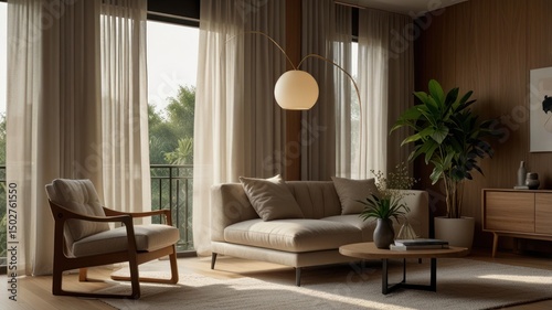 Sunlit minimalist living room with beige sofa  armchair  wooden coffee table  floor lamp  and sheer curtains framing a balcony view.  