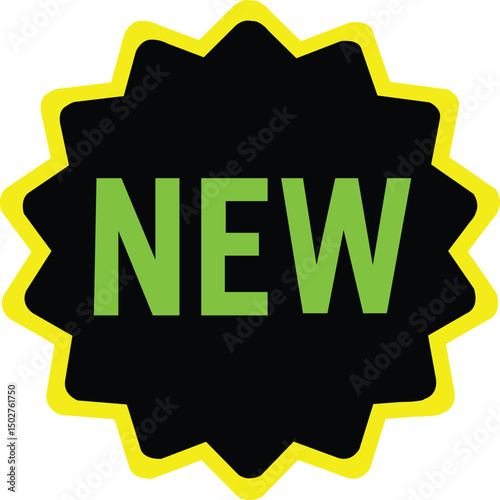 Bold black starburst label with bright green new text and yellow border ideal for advertising deals and new arrivals