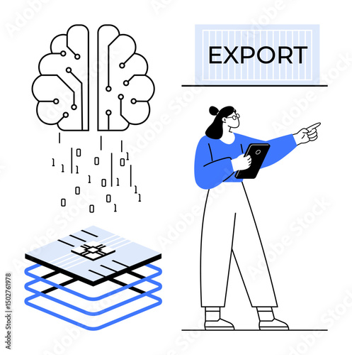 AI brain generates data flow into a multi-layer system. Woman with tablet points to export label. Ideal for AI, data science, technology, automation, innovation, digital strategy, simple landing page