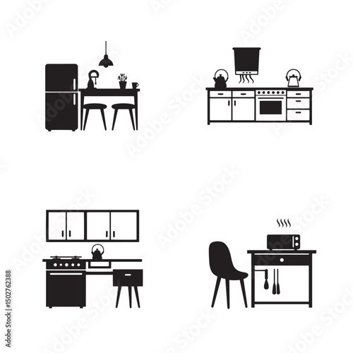 Kitchen interior elements silhouettes illustrating appliances and furnishings in simple black and white style